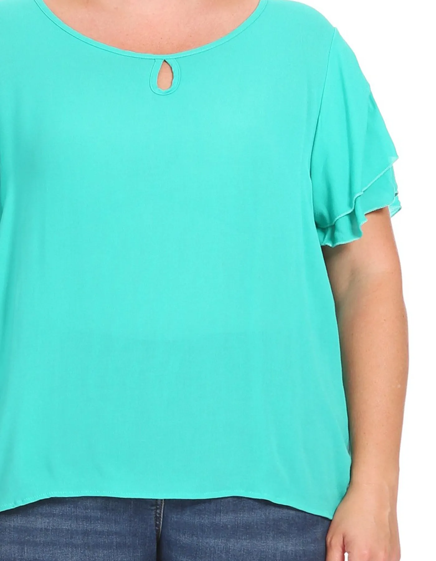 Women's Plus Size Solid Flowy Short Flutter Sleeve Round Neck Key Hole Blouse