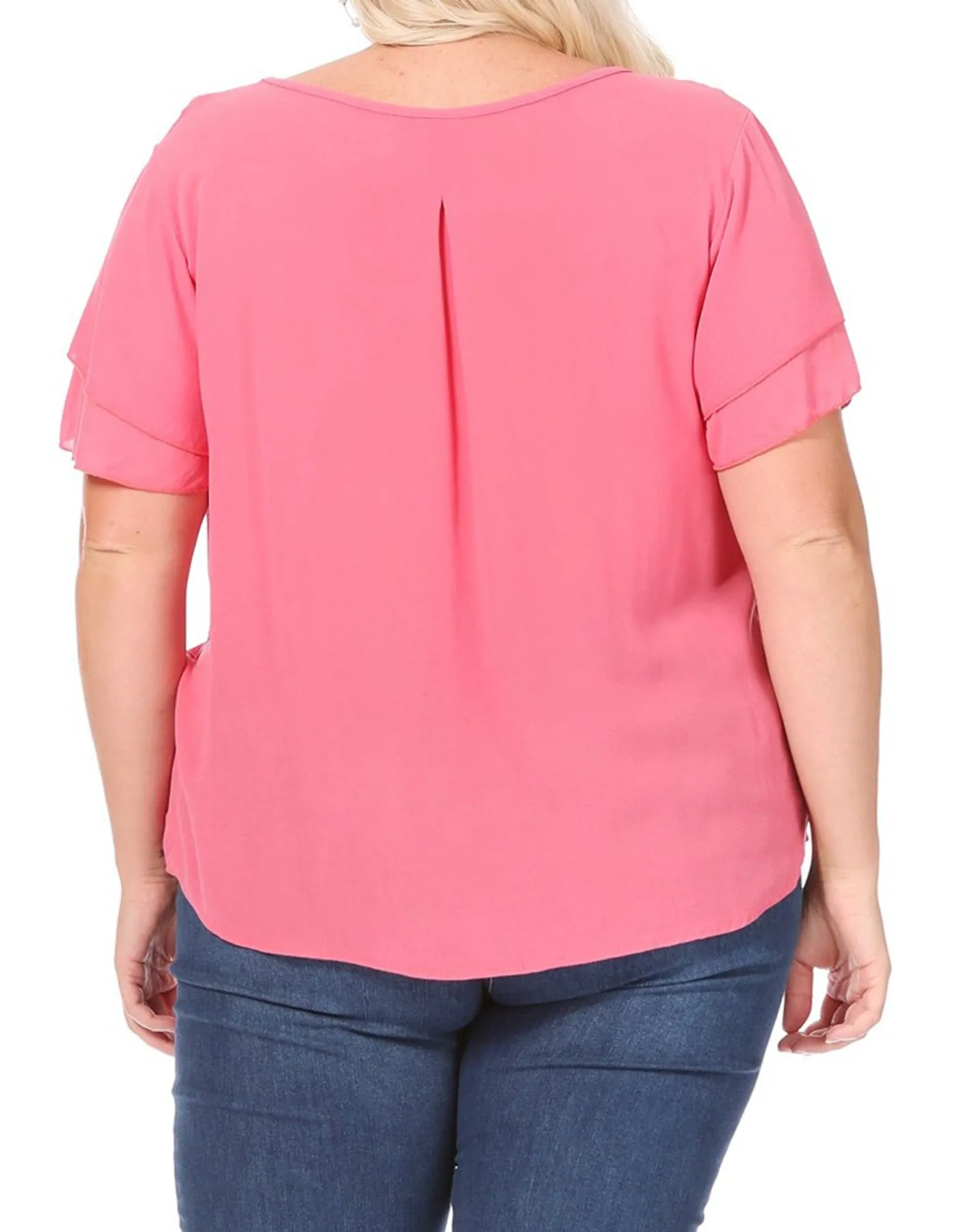 Women's Plus Size Solid Flowy Short Flutter Sleeve Round Neck Key Hole Blouse