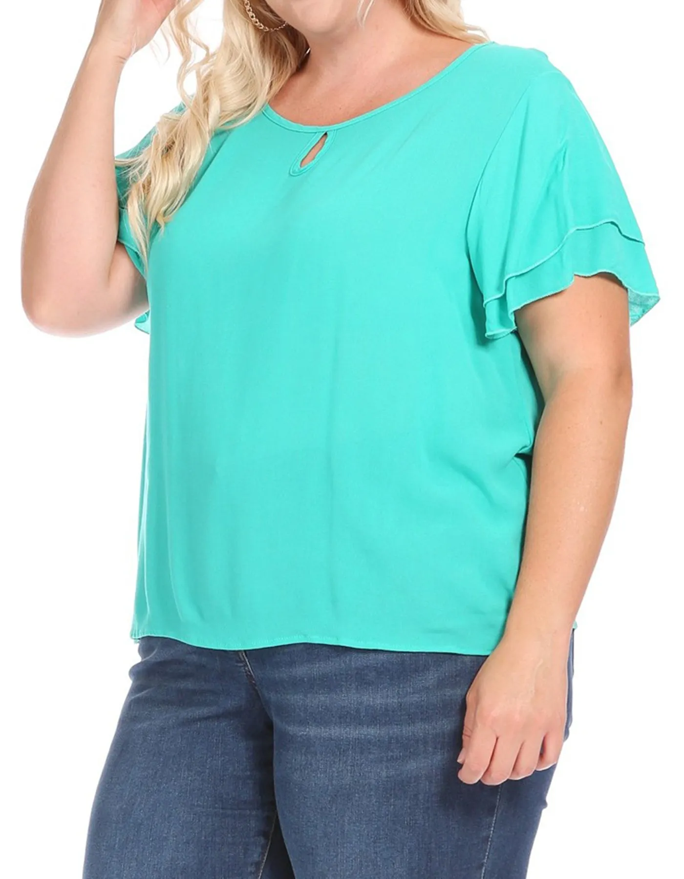 Women's Plus Size Solid Flowy Short Flutter Sleeve Round Neck Key Hole Blouse