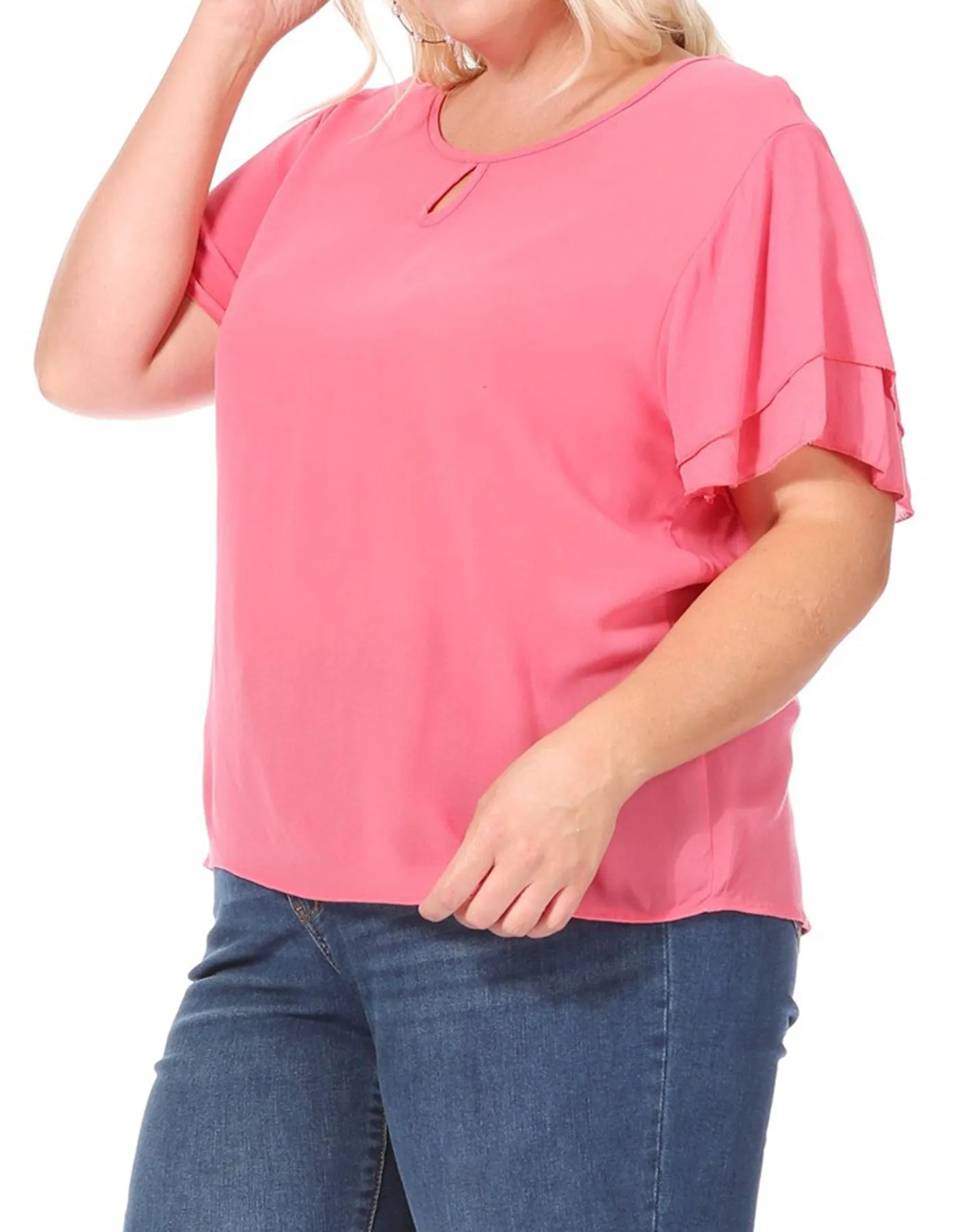 Women's Plus Size Solid Flowy Short Flutter Sleeve Round Neck Key Hole Blouse