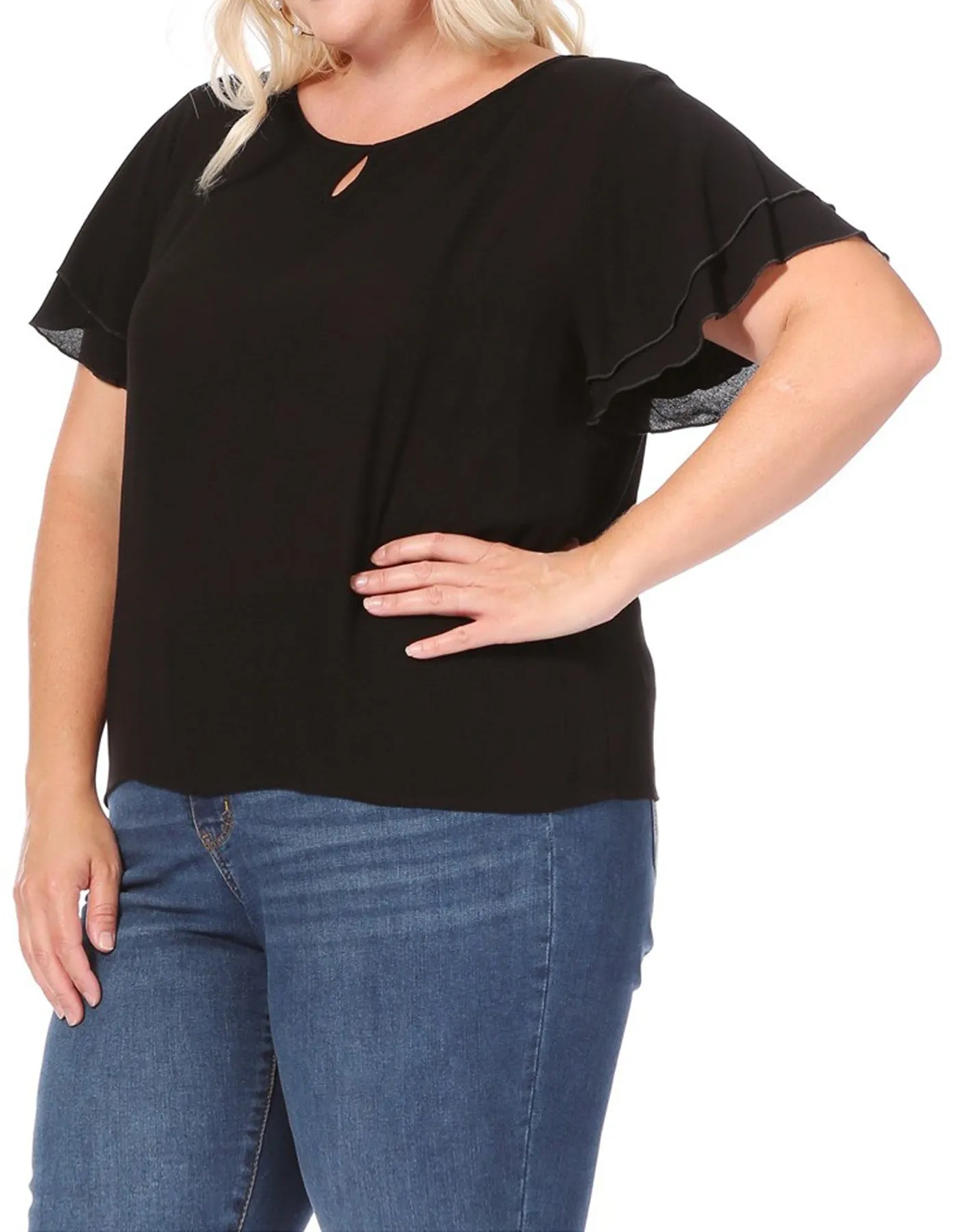 Women's Plus Size Solid Flowy Short Flutter Sleeve Round Neck Key Hole Blouse