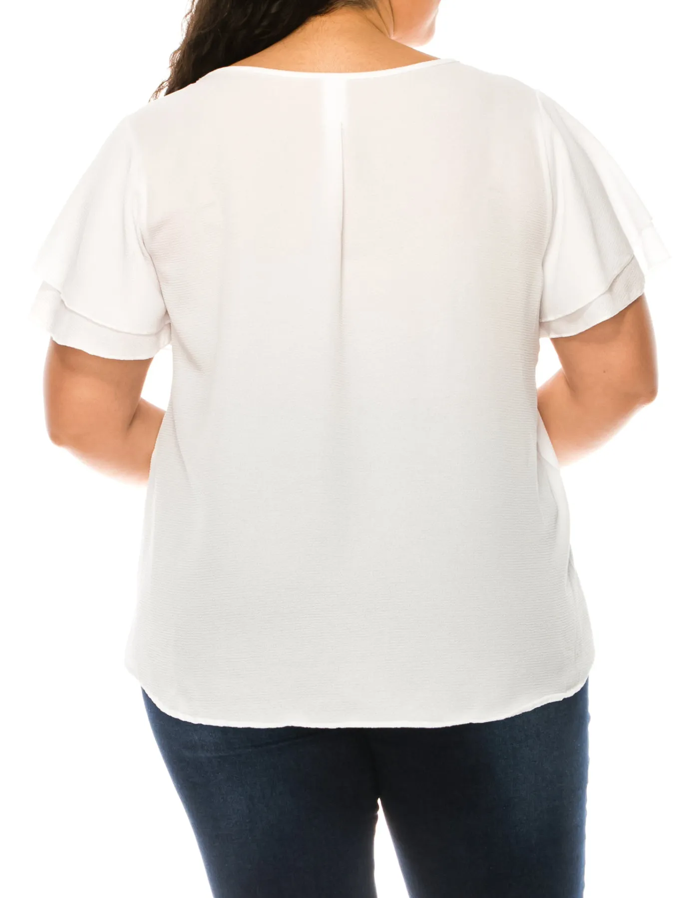 Women's Plus Size Solid Flowy Short Flutter Sleeve Round Neck Key Hole Blouse