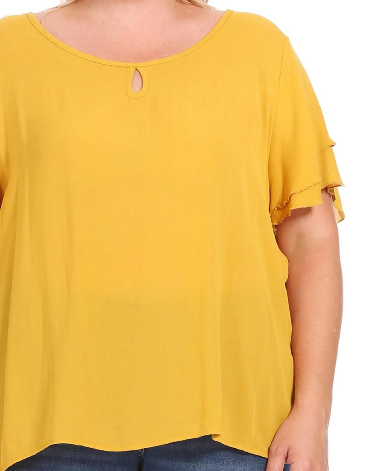 Women's Plus Size Solid Flowy Short Flutter Sleeve Round Neck Key Hole Blouse