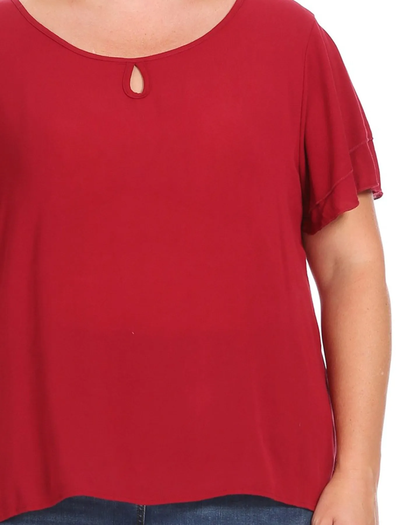 Women's Plus Size Solid Flowy Short Flutter Sleeve Round Neck Key Hole Blouse
