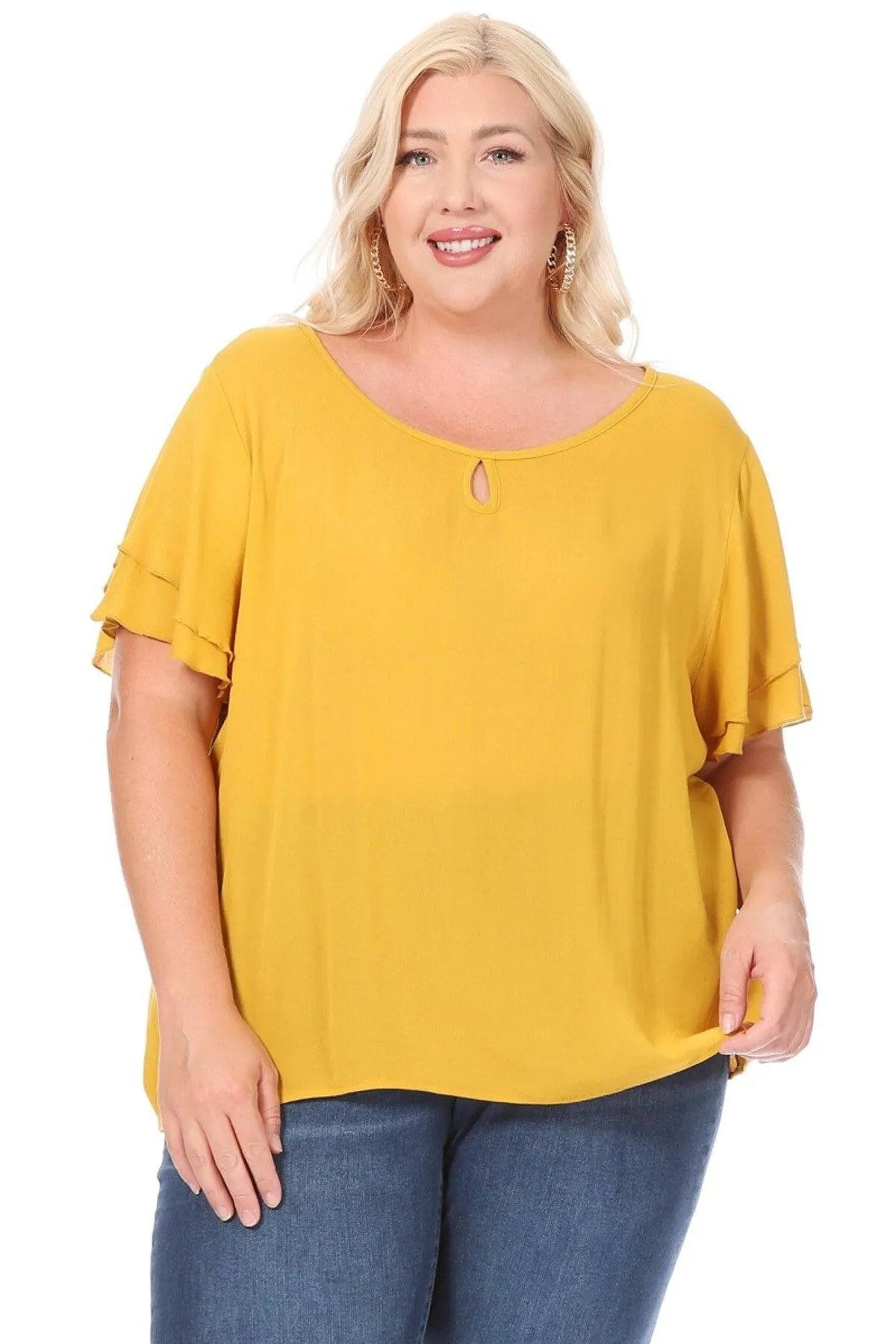 Women's Plus Size Solid Flowy Short Flutter Sleeve Round Neck Key Hole Blouse