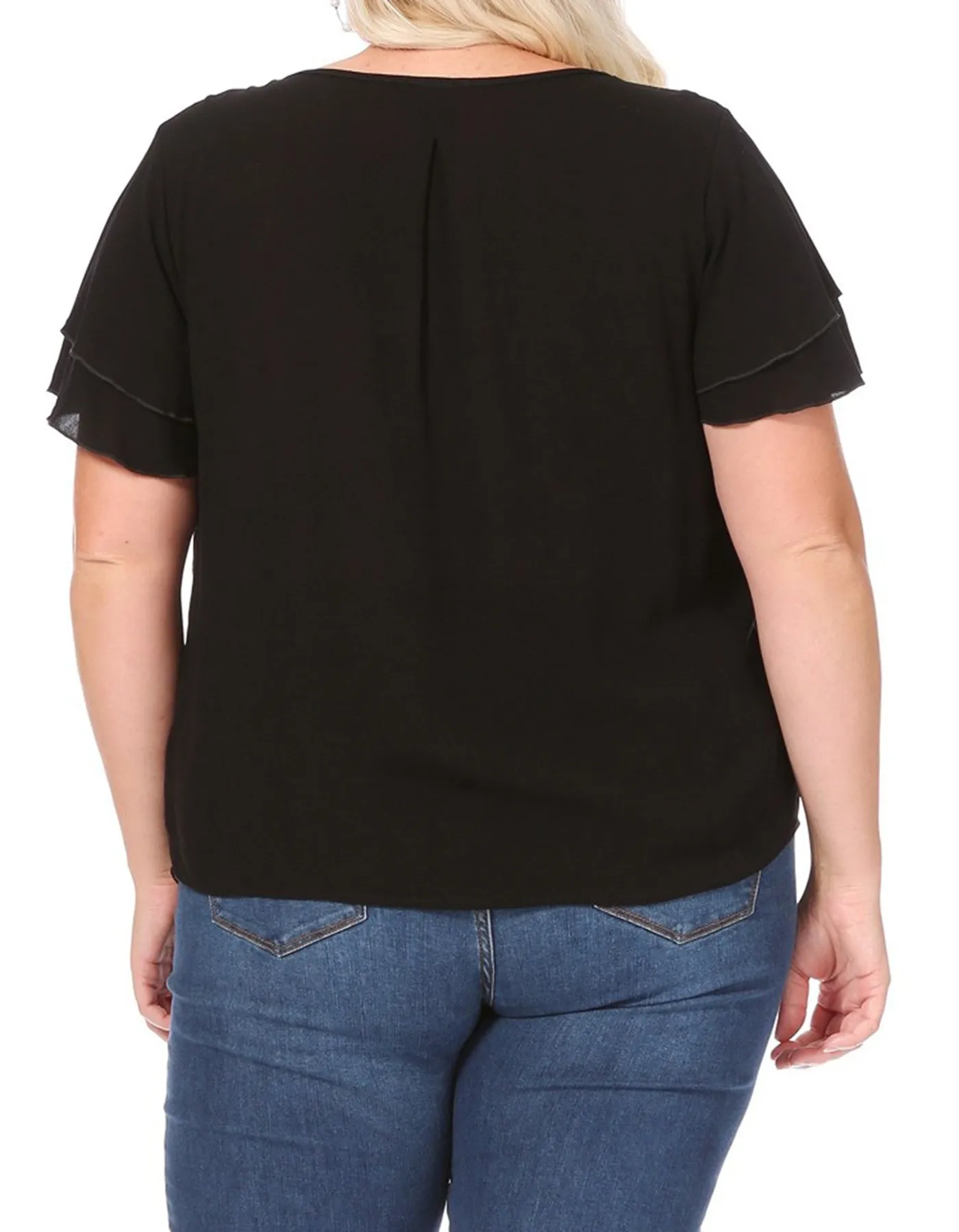 Women's Plus Size Solid Flowy Short Flutter Sleeve Round Neck Key Hole Blouse