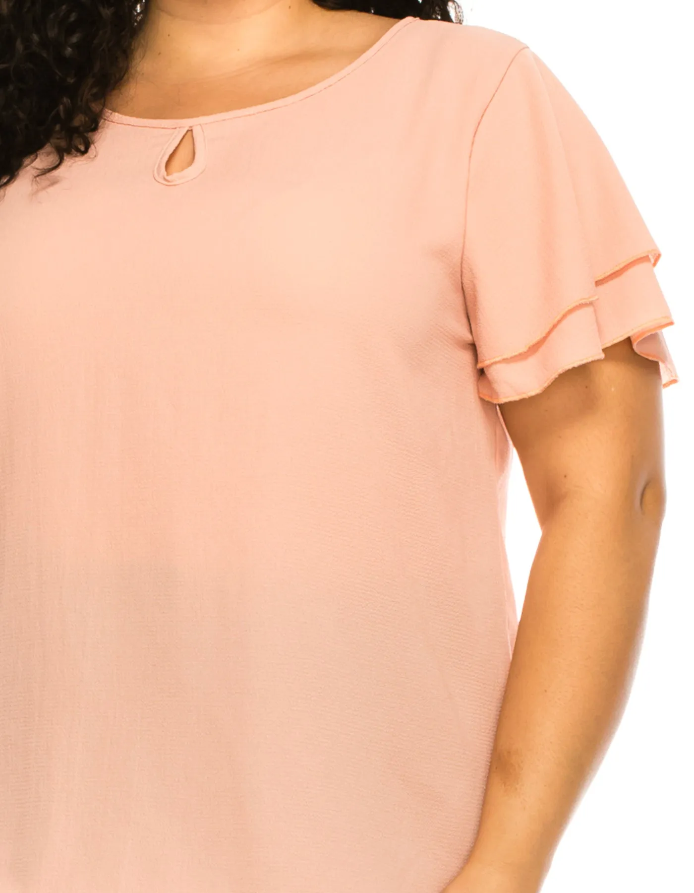 Women's Plus Size Solid Flowy Short Flutter Sleeve Round Neck Key Hole Blouse