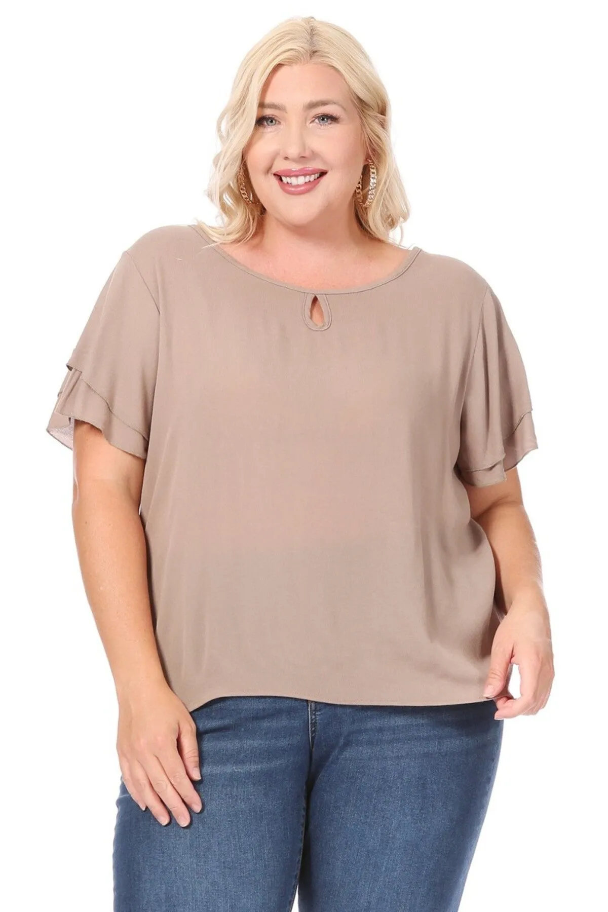 Women's Plus Size Solid Flowy Short Flutter Sleeve Round Neck Key Hole Blouse