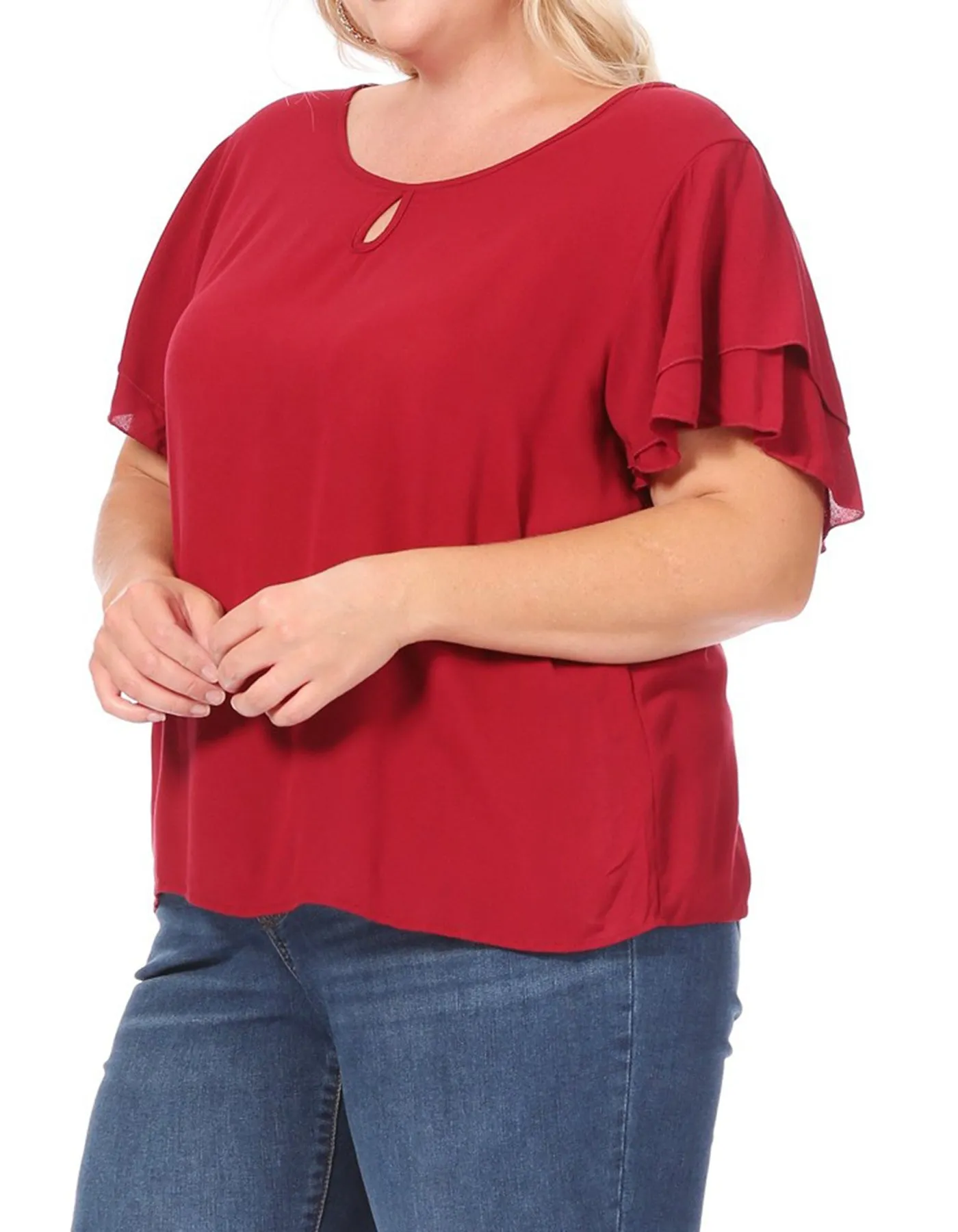 Women's Plus Size Solid Flowy Short Flutter Sleeve Round Neck Key Hole Blouse