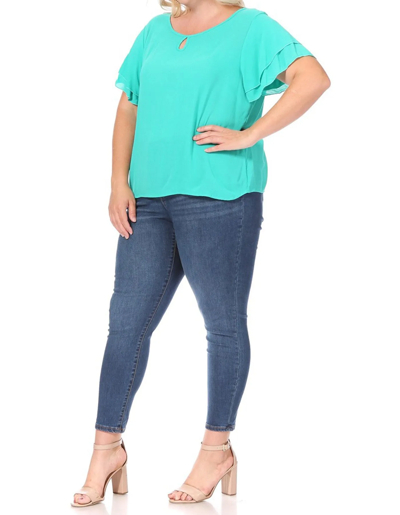 Women's Plus Size Solid Flowy Short Flutter Sleeve Round Neck Key Hole Blouse