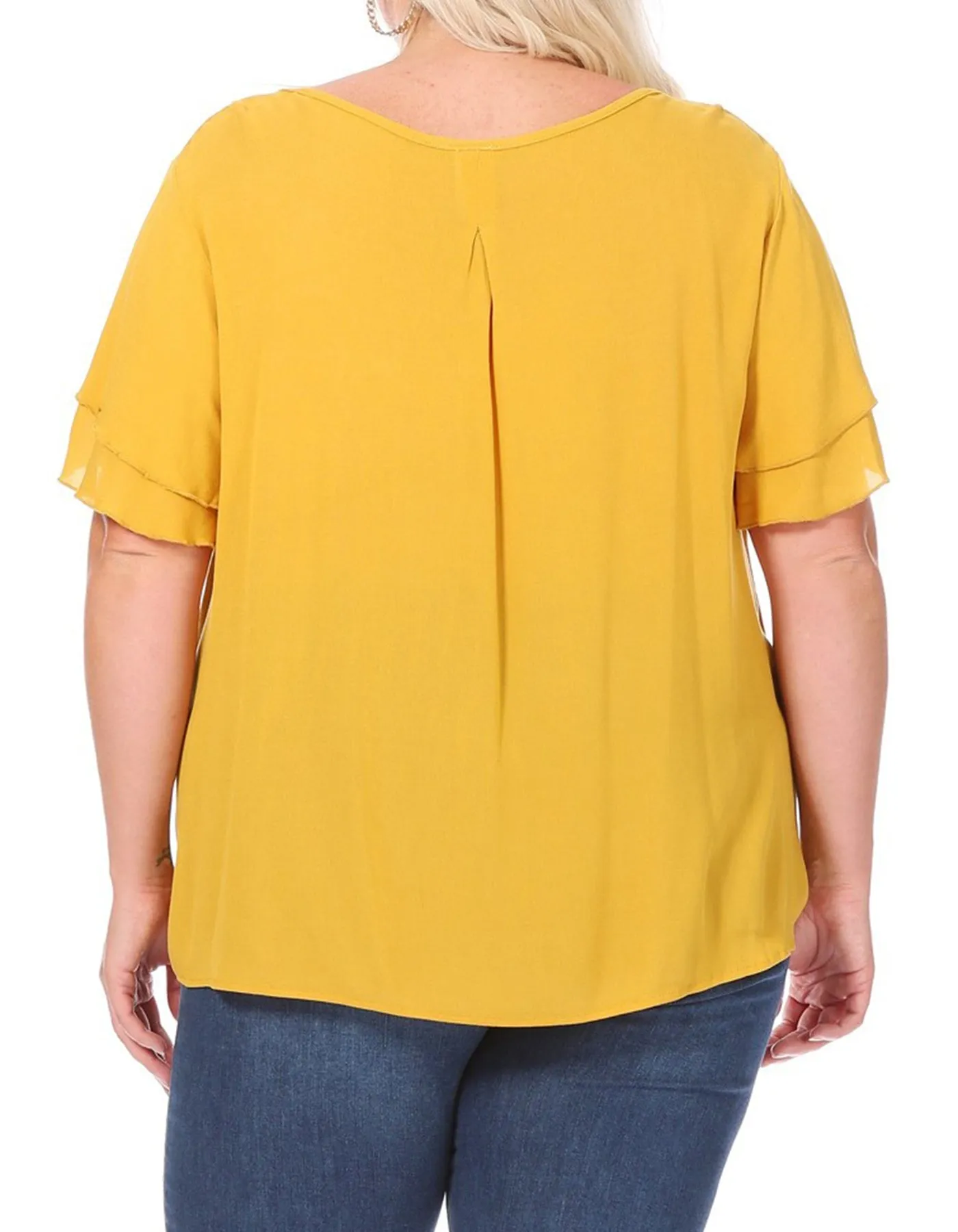 Women's Plus Size Solid Flowy Short Flutter Sleeve Round Neck Key Hole Blouse