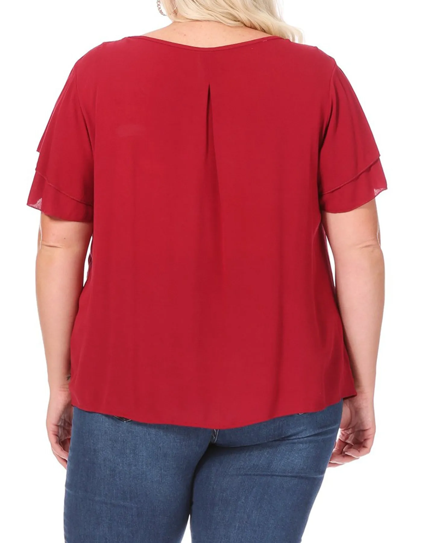 Women's Plus Size Solid Flowy Short Flutter Sleeve Round Neck Key Hole Blouse