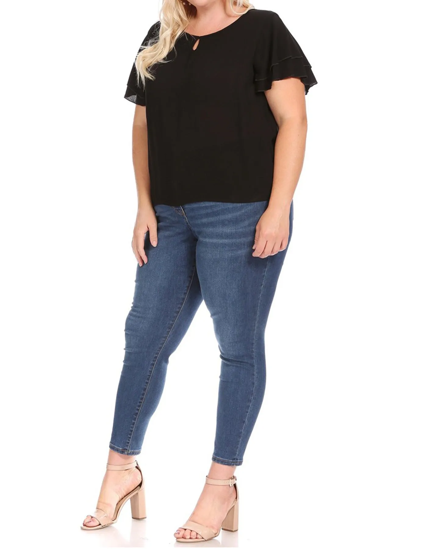 Women's Plus Size Solid Flowy Short Flutter Sleeve Round Neck Key Hole Blouse