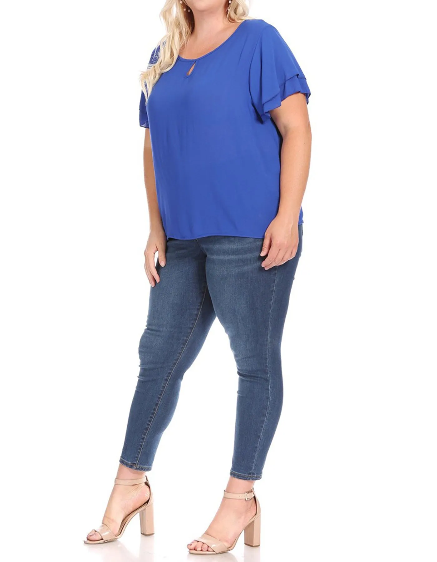 Women's Plus Size Solid Flowy Short Flutter Sleeve Round Neck Key Hole Blouse