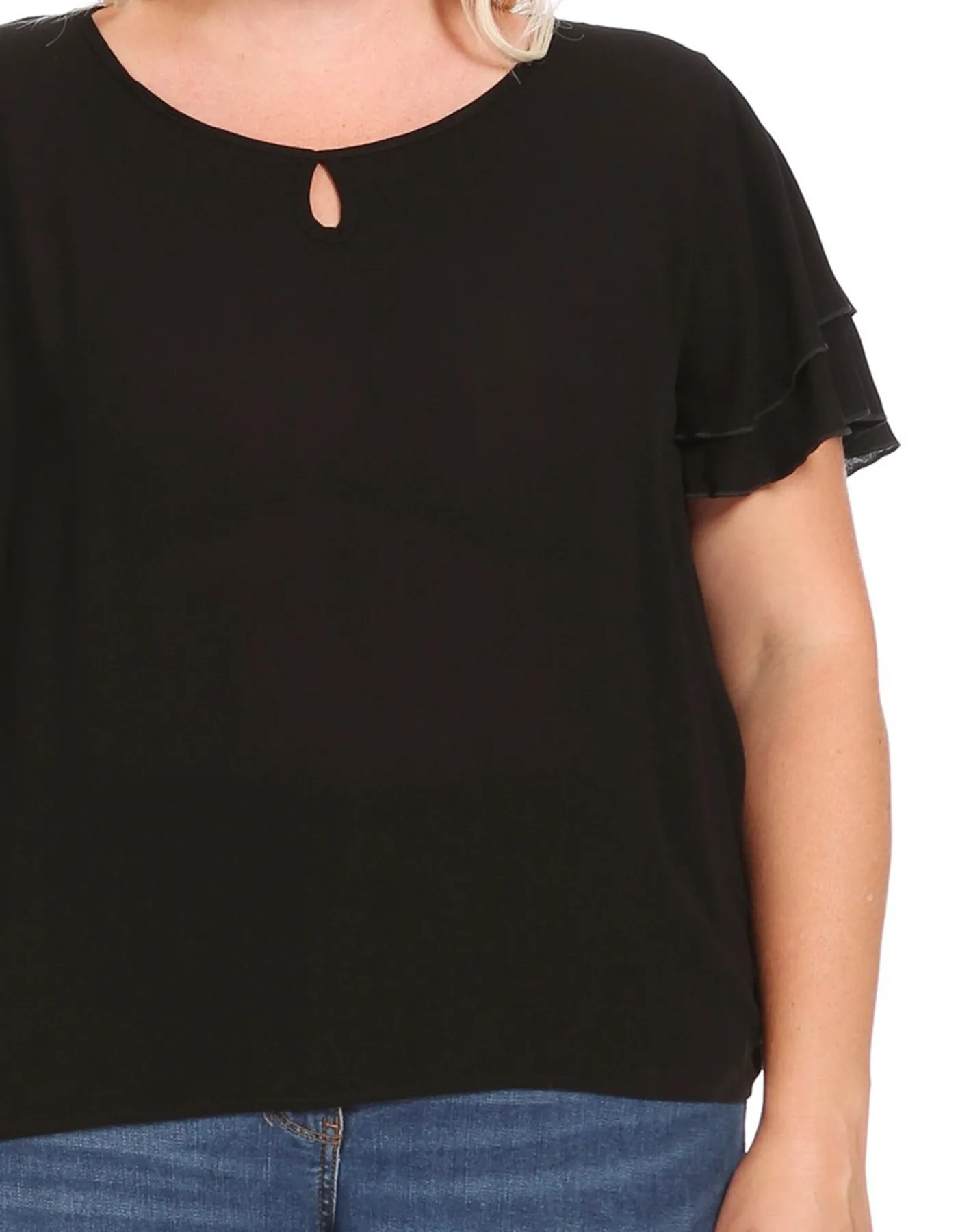Women's Plus Size Solid Flowy Short Flutter Sleeve Round Neck Key Hole Blouse