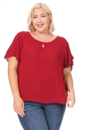 Women's Plus Size Solid Flowy Short Flutter Sleeve Round Neck Key Hole Blouse