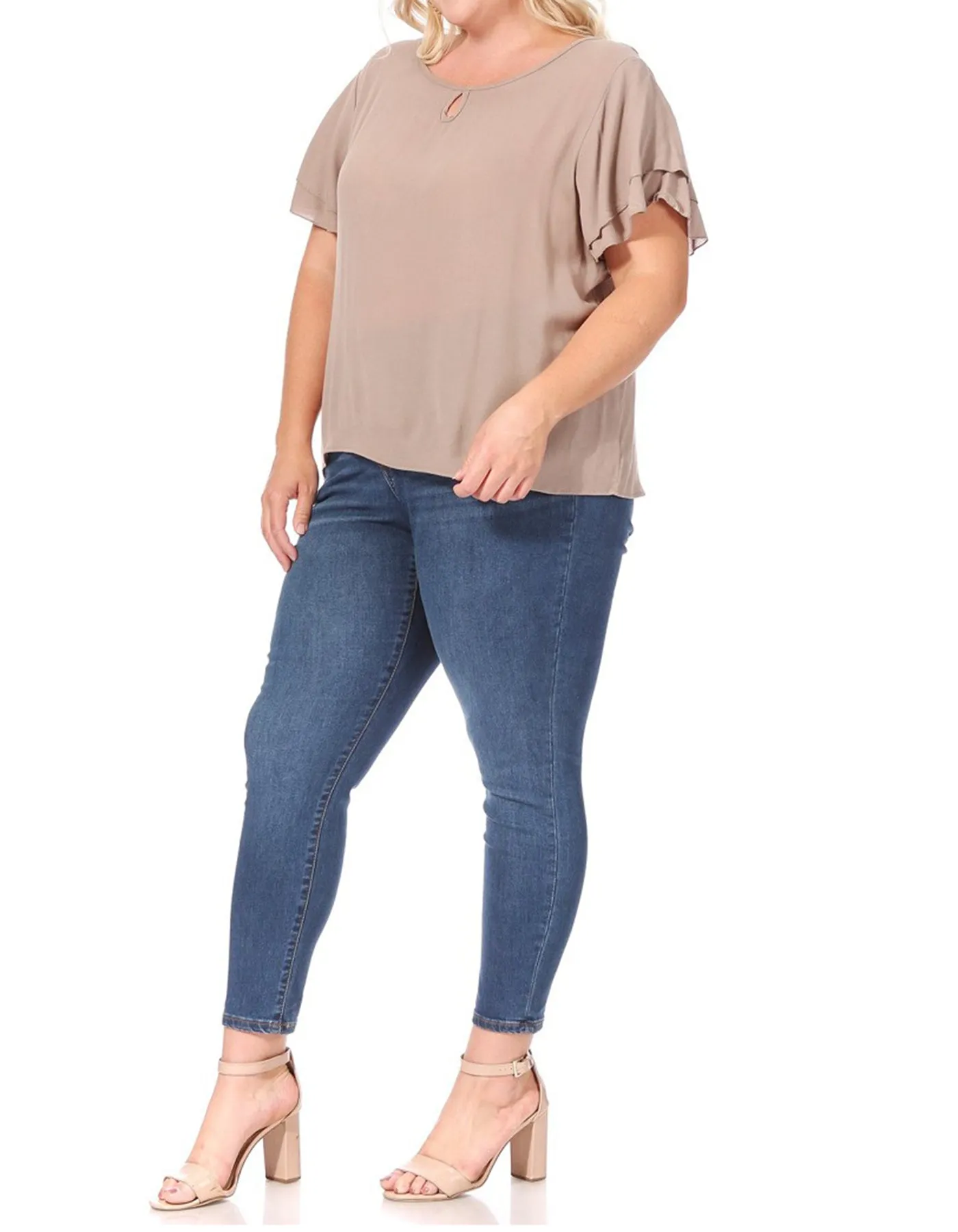 Women's Plus Size Solid Flowy Short Flutter Sleeve Round Neck Key Hole Blouse