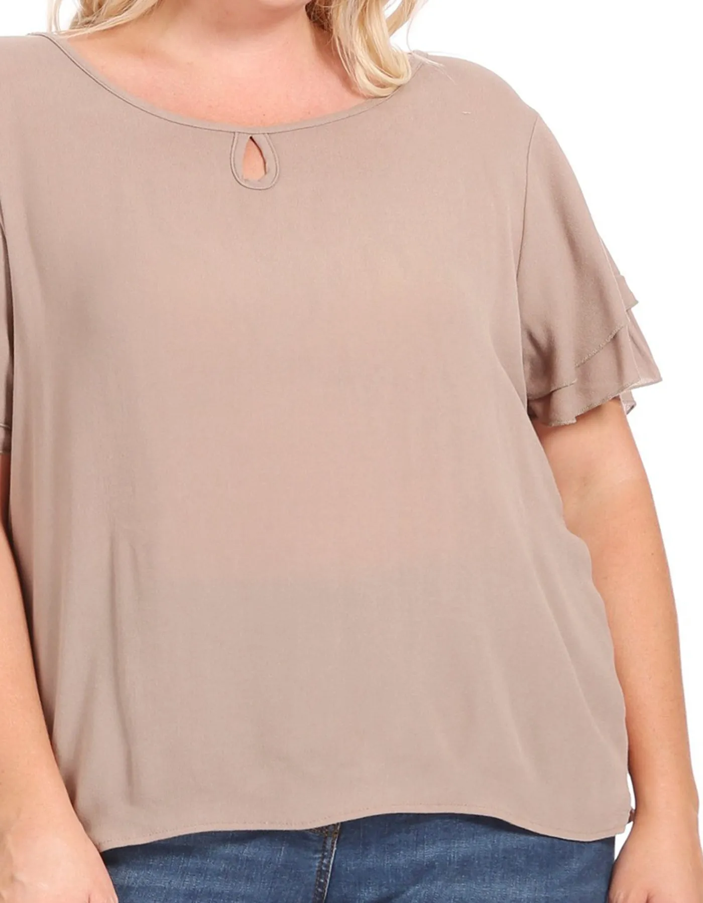 Women's Plus Size Solid Flowy Short Flutter Sleeve Round Neck Key Hole Blouse
