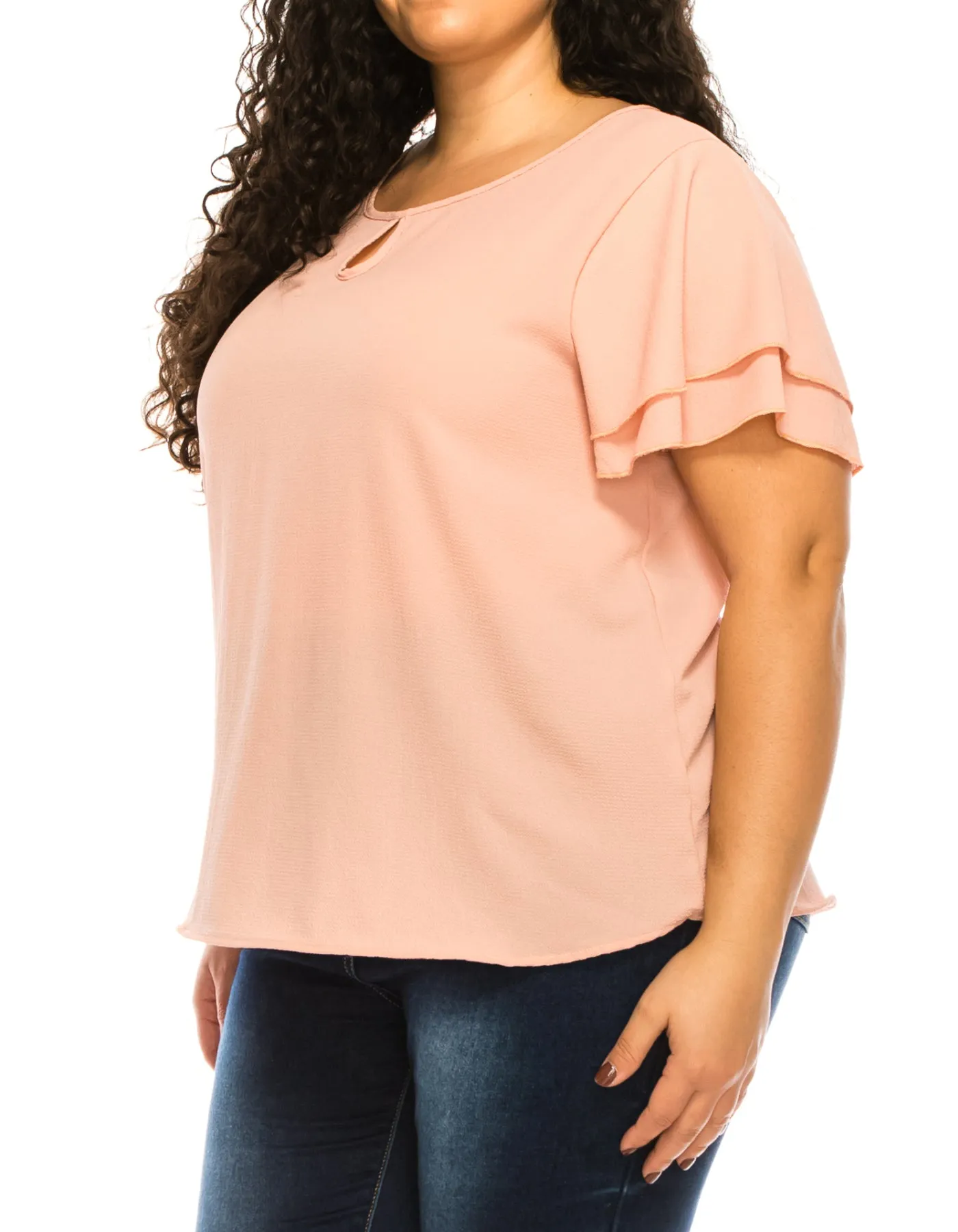 Women's Plus Size Solid Flowy Short Flutter Sleeve Round Neck Key Hole Blouse