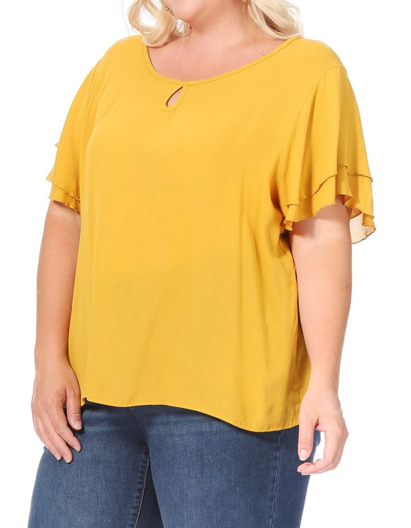 Women's Plus Size Solid Flowy Short Flutter Sleeve Round Neck Key Hole Blouse