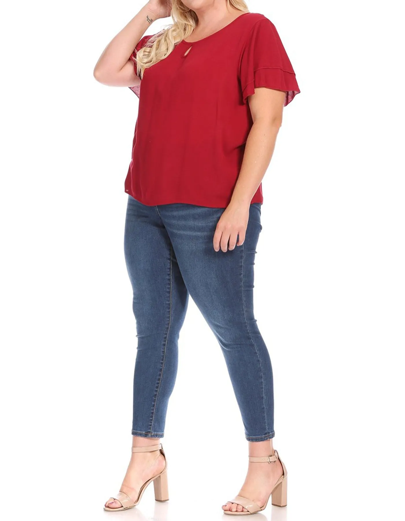 Women's Plus Size Solid Flowy Short Flutter Sleeve Round Neck Key Hole Blouse