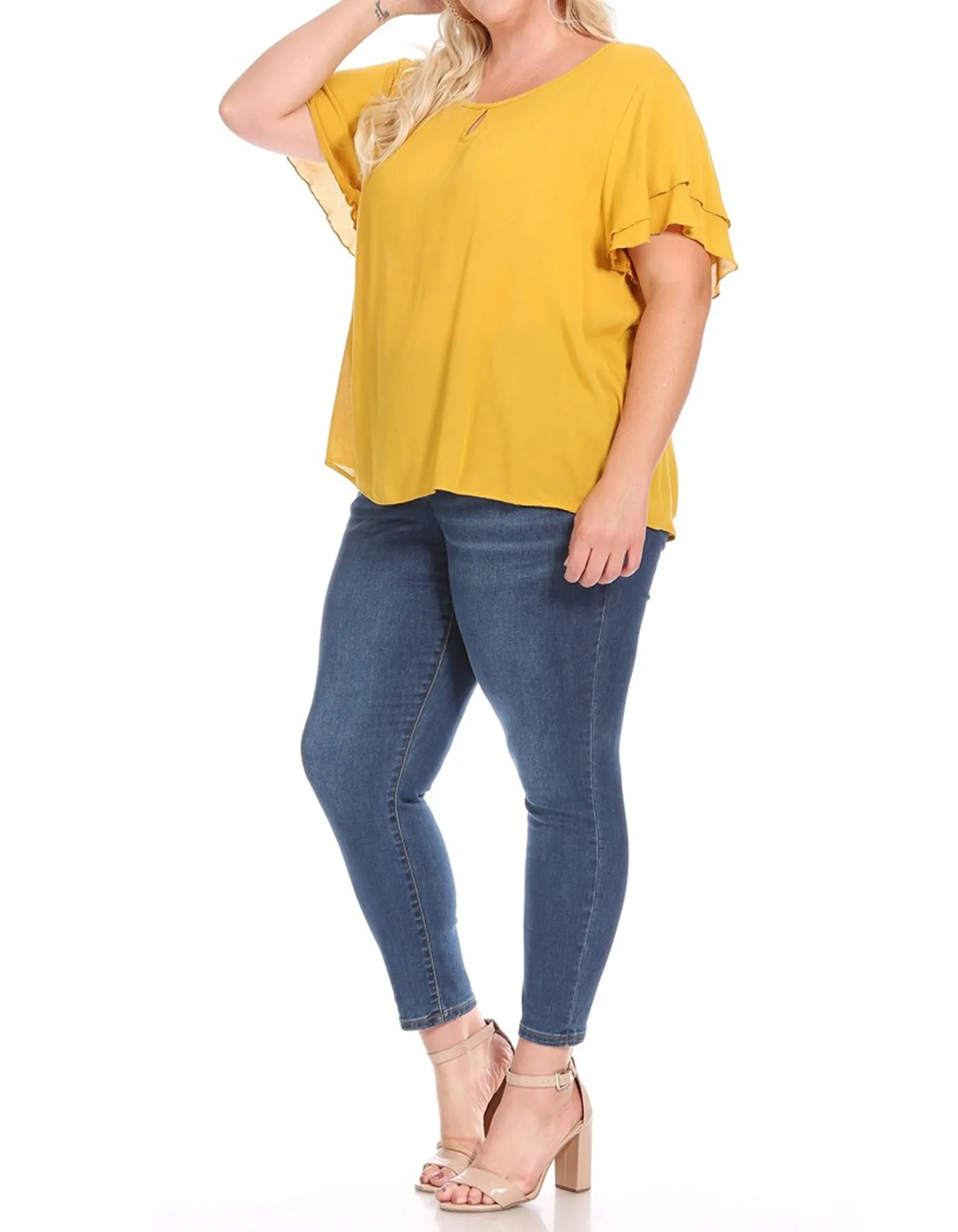 Women's Plus Size Solid Flowy Short Flutter Sleeve Round Neck Key Hole Blouse