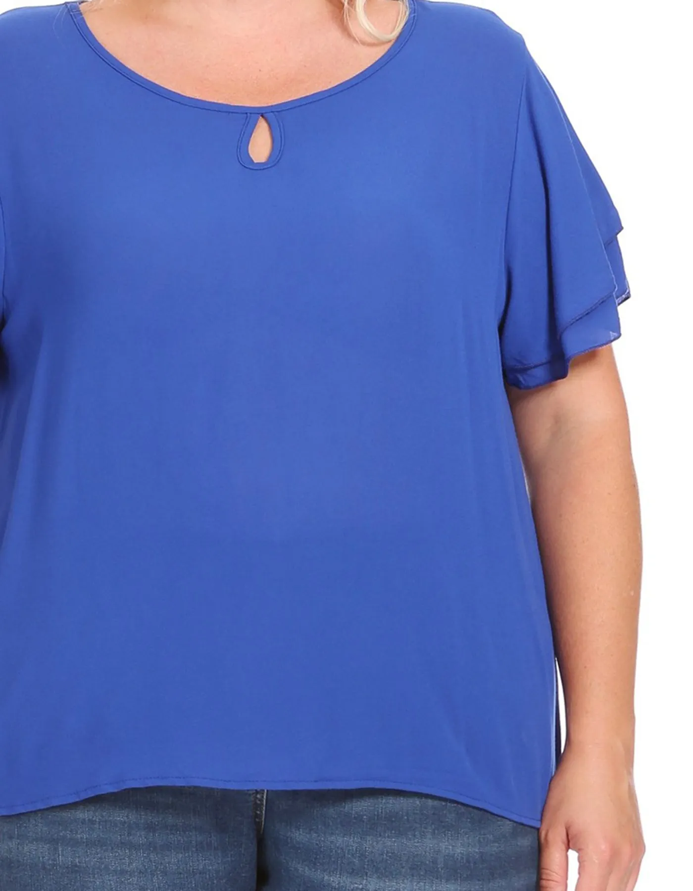 Women's Plus Size Solid Flowy Short Flutter Sleeve Round Neck Key Hole Blouse