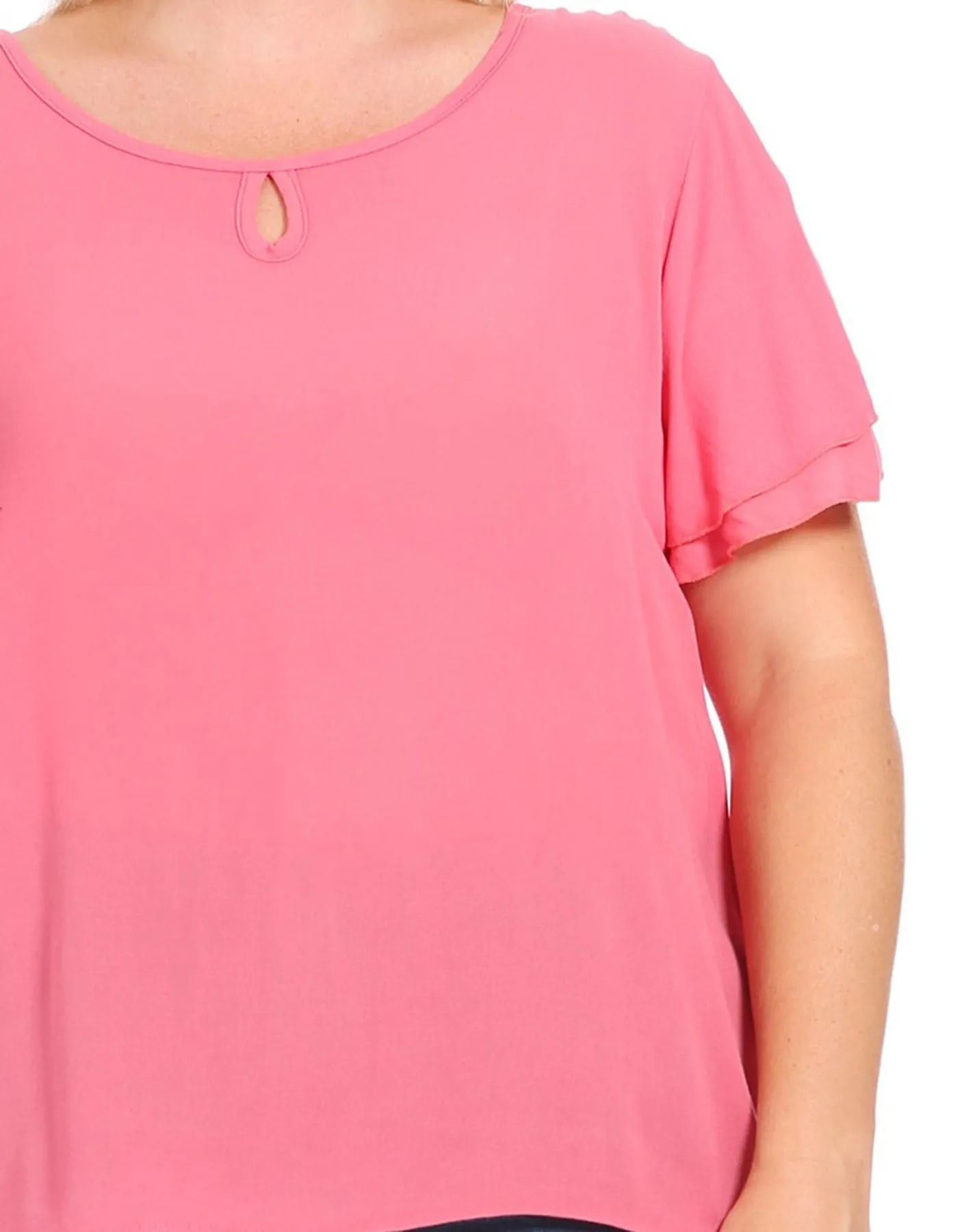 Women's Plus Size Solid Flowy Short Flutter Sleeve Round Neck Key Hole Blouse