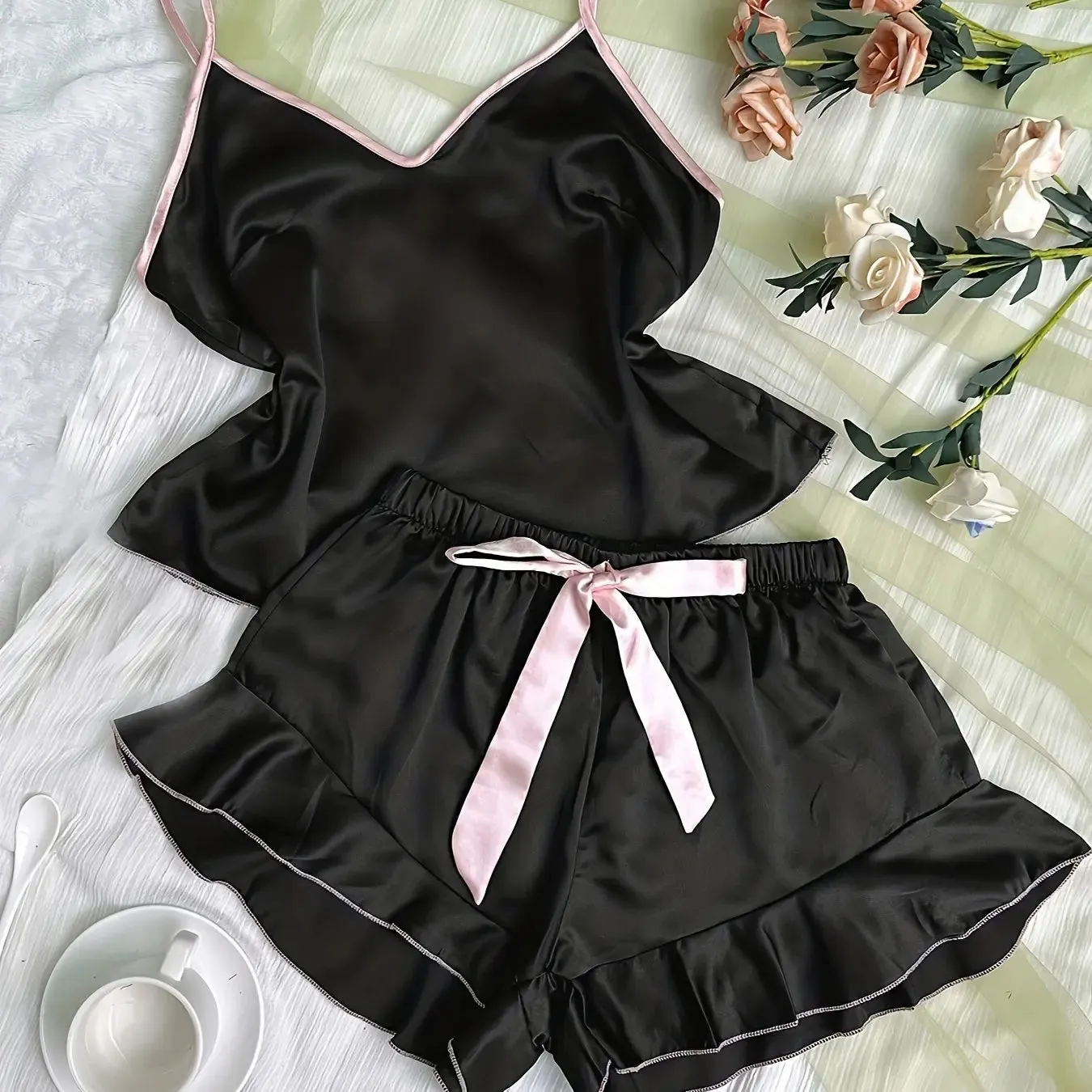 Women's Satin Pajama Set - V-Neck T-Shirt with Ruffled Edges & Bow Shorts, Simple & Breathable