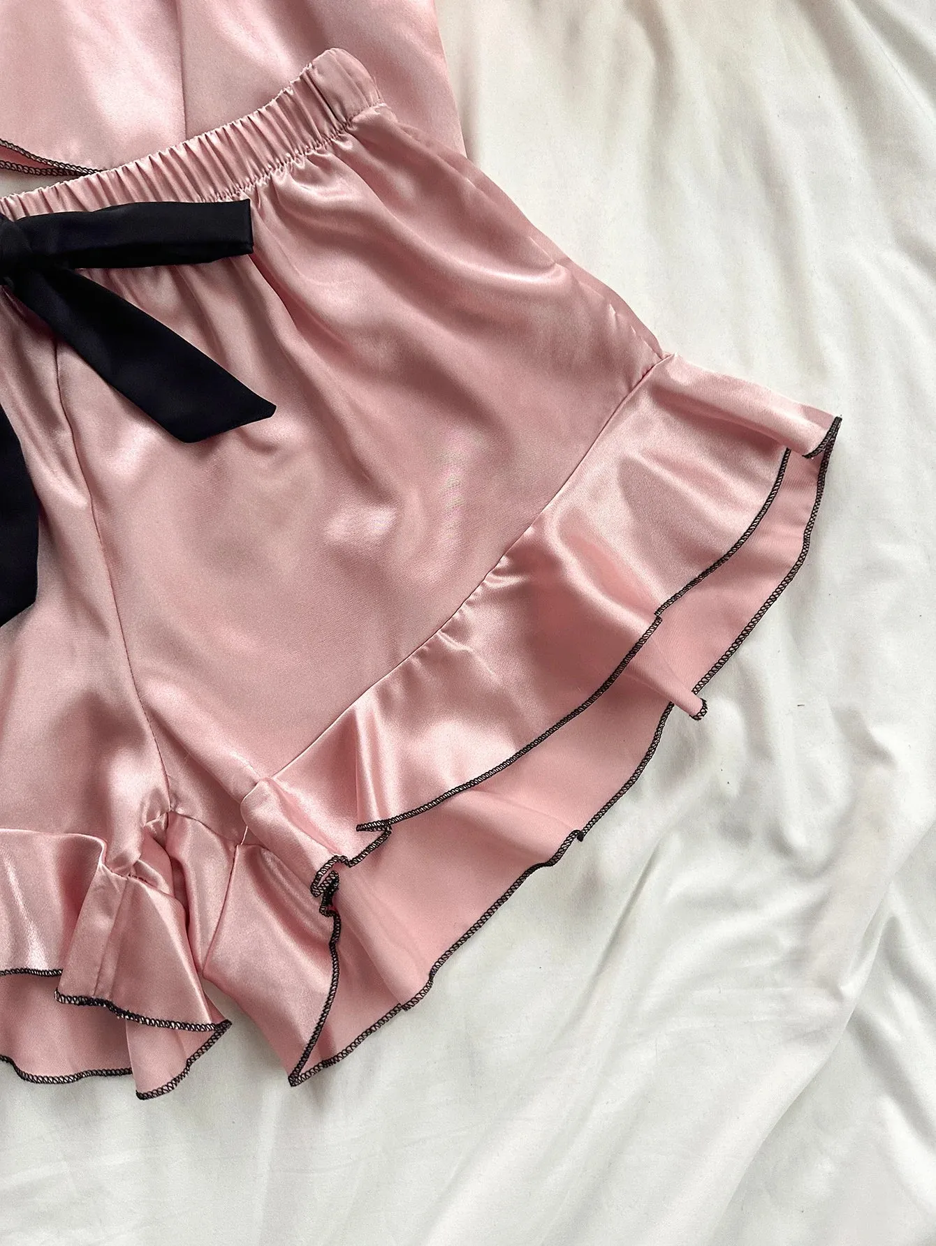 Women's Satin Pajama Set - V-Neck T-Shirt with Ruffled Edges & Bow Shorts, Simple & Breathable