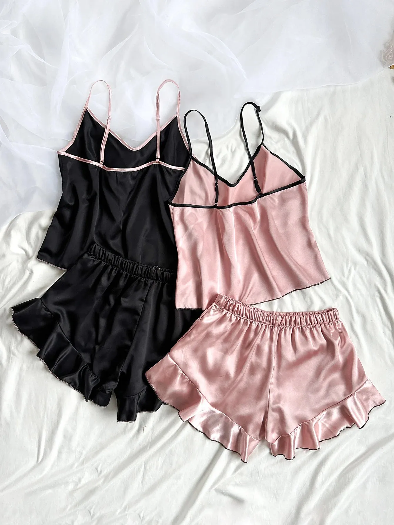 Women's Satin Pajama Set - V-Neck T-Shirt with Ruffled Edges & Bow Shorts, Simple & Breathable