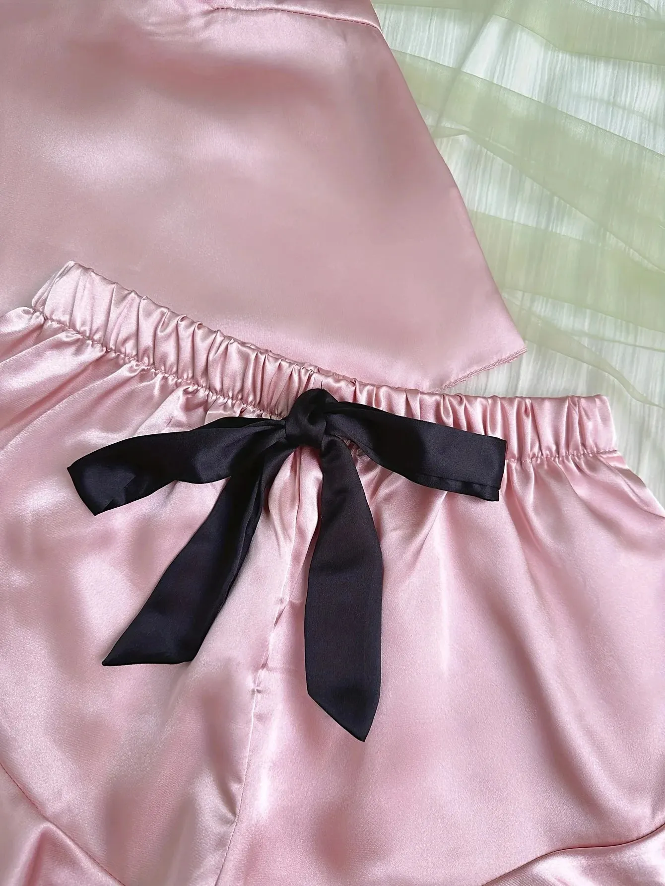 Women's Satin Pajama Set - V-Neck T-Shirt with Ruffled Edges & Bow Shorts, Simple & Breathable