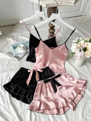 Women's Satin Pajama Set - V-Neck T-Shirt with Ruffled Edges & Bow Shorts, Simple & Breathable