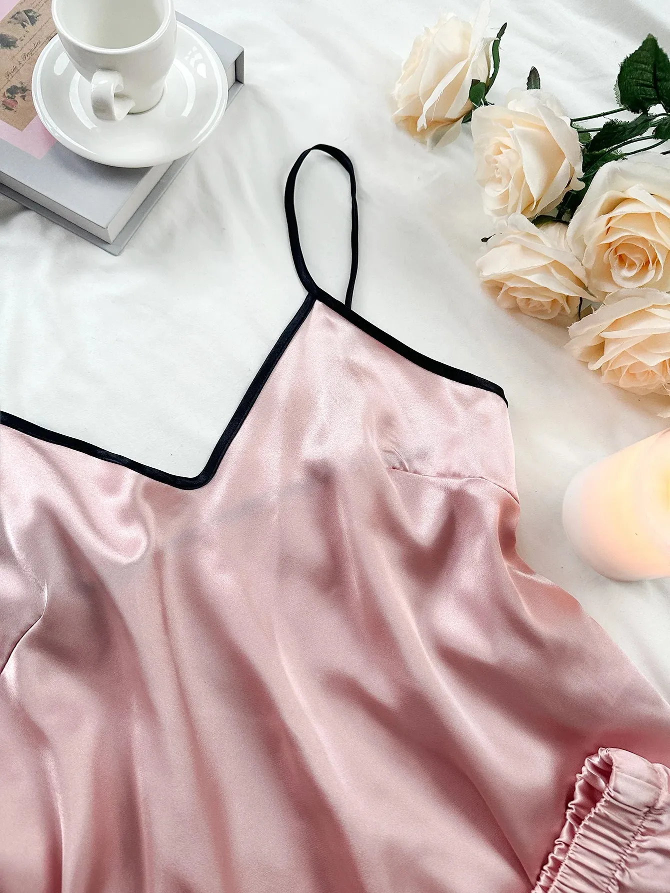 Women's Satin Pajama Set - V-Neck T-Shirt with Ruffled Edges & Bow Shorts, Simple & Breathable