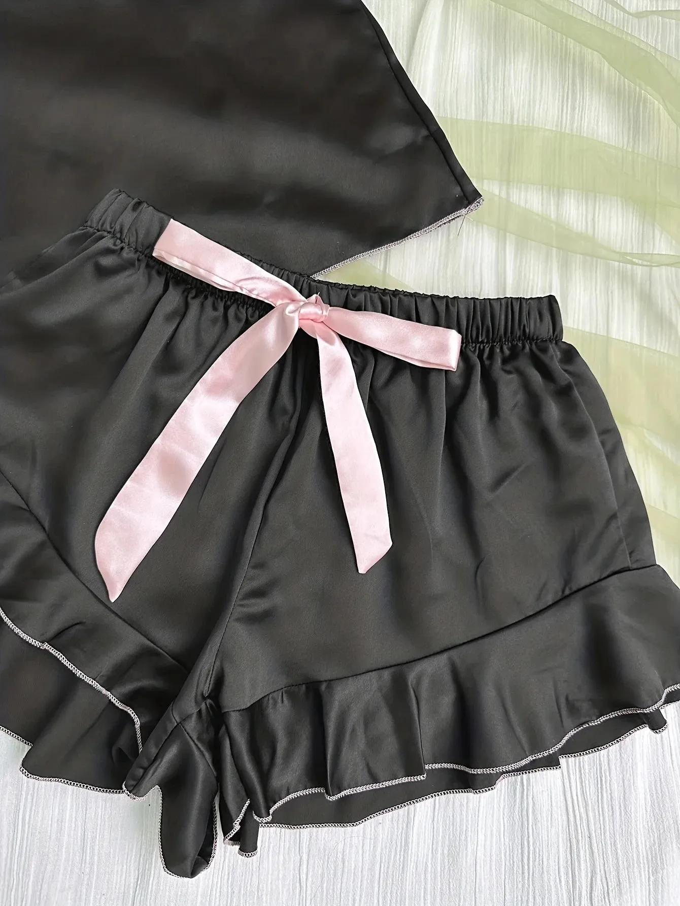 Women's Satin Pajama Set - V-Neck T-Shirt with Ruffled Edges & Bow Shorts, Simple & Breathable
