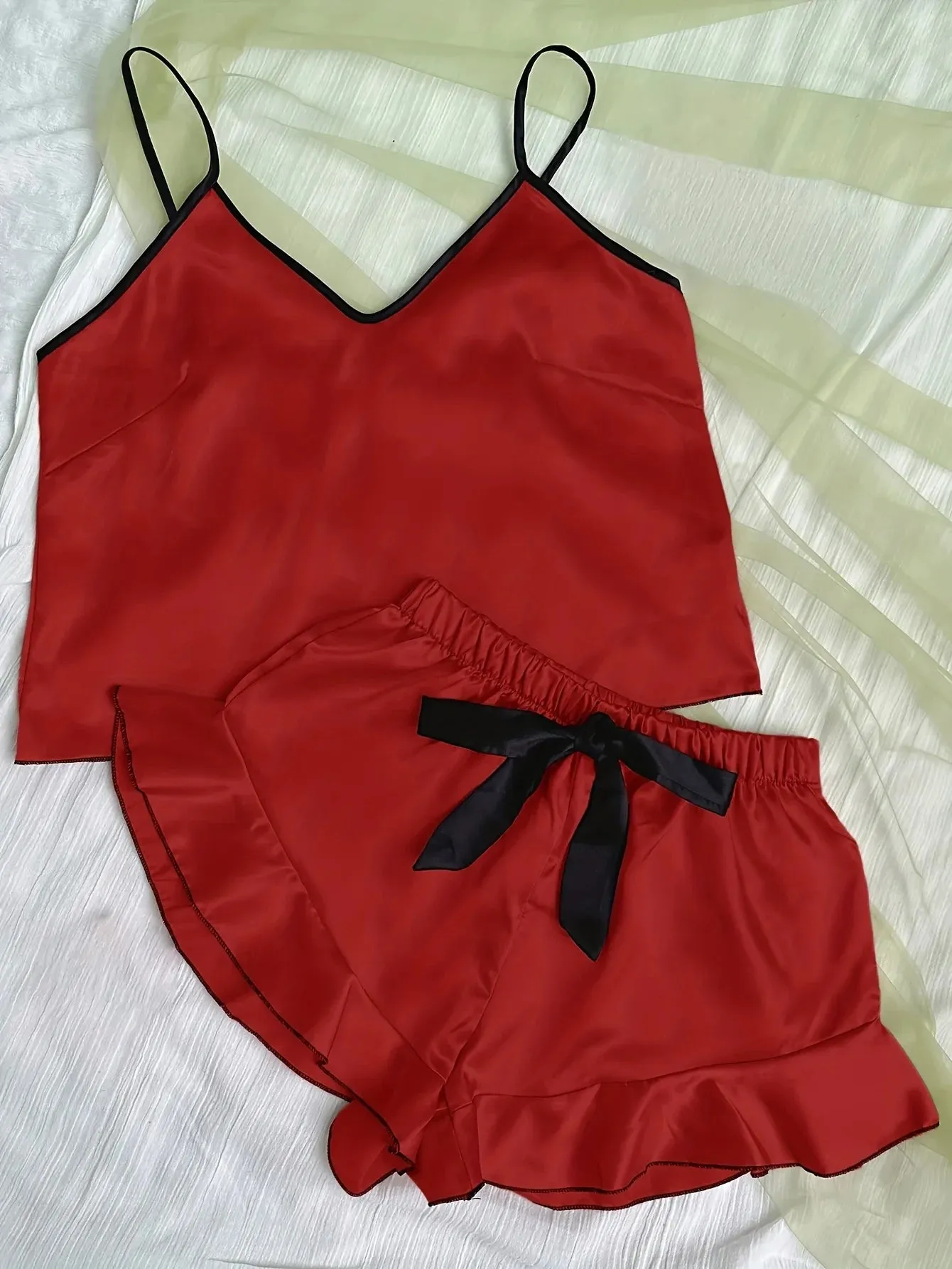 Women's Satin Pajama Set - V-Neck T-Shirt with Ruffled Edges & Bow Shorts, Simple & Breathable