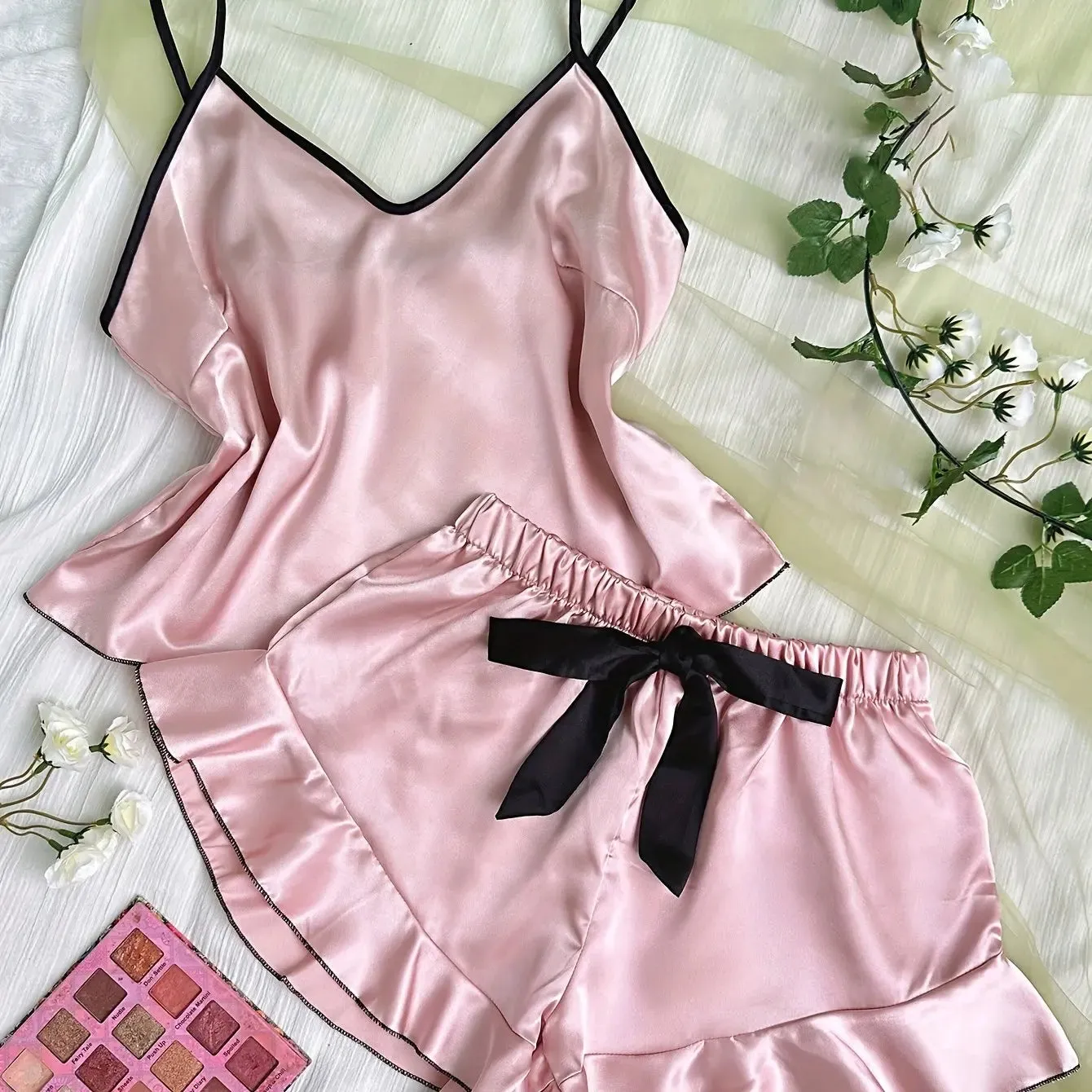 Women's Satin Pajama Set - V-Neck T-Shirt with Ruffled Edges & Bow Shorts, Simple & Breathable