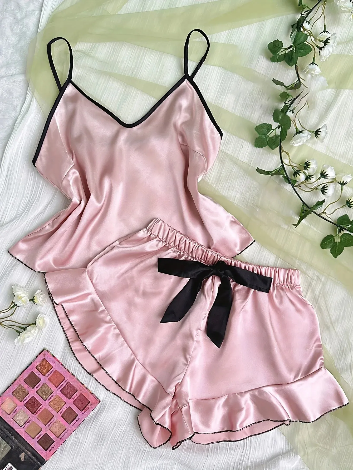 Women's Satin Pajama Set - V-Neck T-Shirt with Ruffled Edges & Bow Shorts, Simple & Breathable