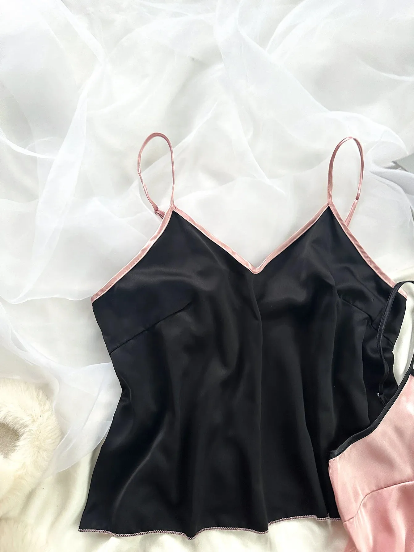 Women's Satin Pajama Set - V-Neck T-Shirt with Ruffled Edges & Bow Shorts, Simple & Breathable