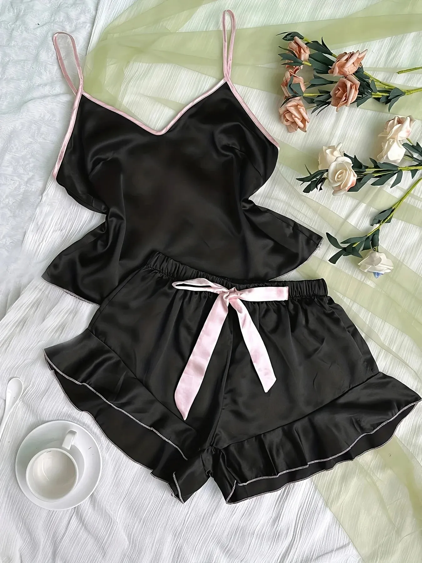Women's Satin Pajama Set - V-Neck T-Shirt with Ruffled Edges & Bow Shorts, Simple & Breathable