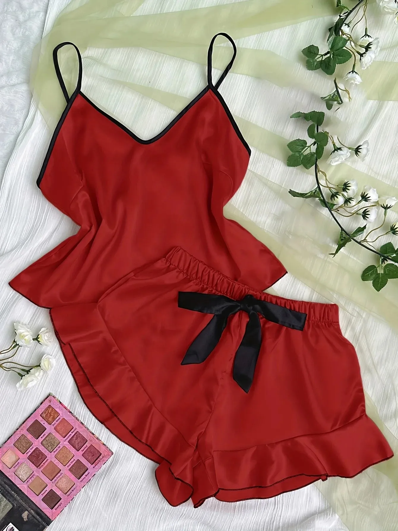 Women's Satin Pajama Set - V-Neck T-Shirt with Ruffled Edges & Bow Shorts, Simple & Breathable