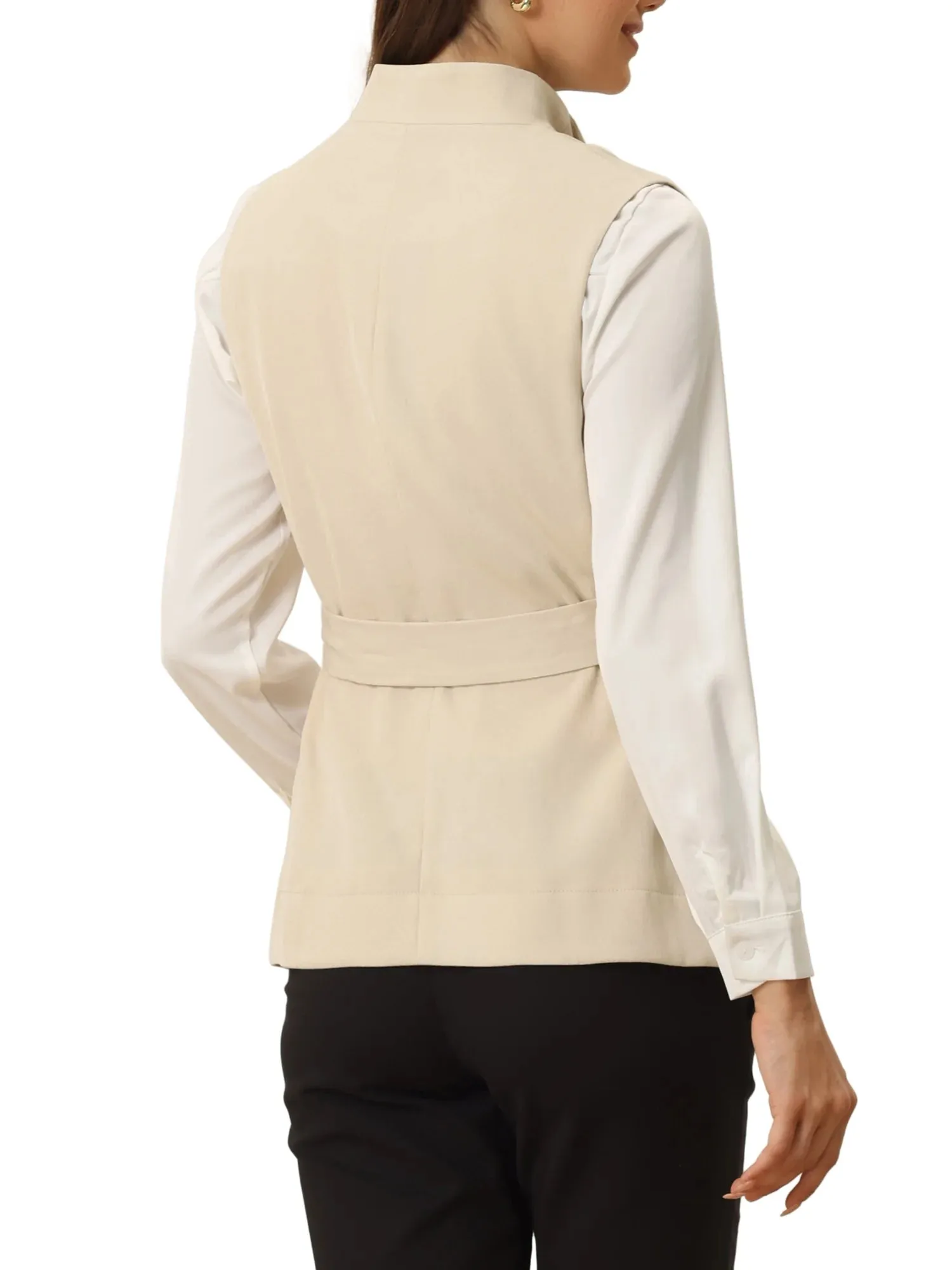 Women'S Shawl Collar Open Front Belted Sleeveless Blazer Vest