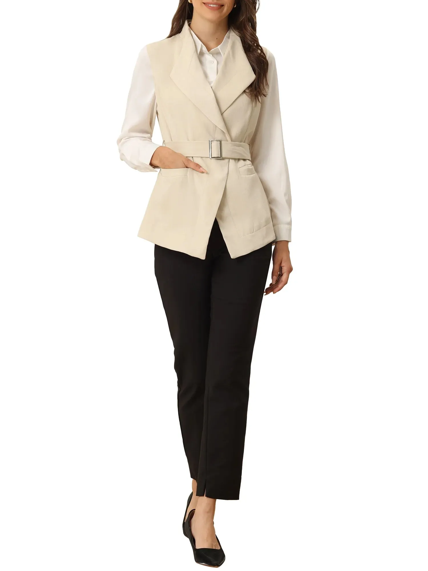 Women'S Shawl Collar Open Front Belted Sleeveless Blazer Vest