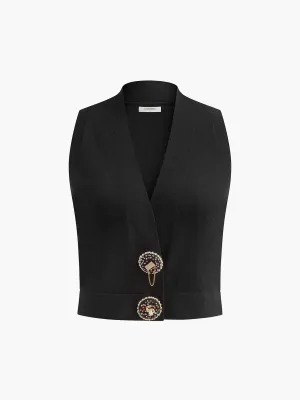 Wool-Blend Rhinestone-Button Sweater Vest