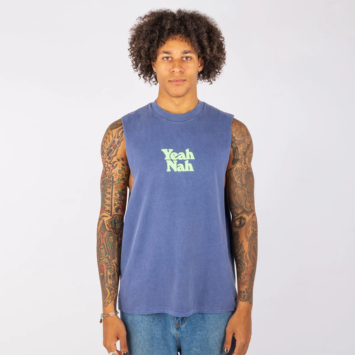 Yeah Nah Muscle Tank in Navy